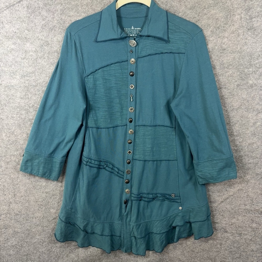 Neon Buddha Tunic Womens Sz M Teal Blue Green Decorative Buttons Boho